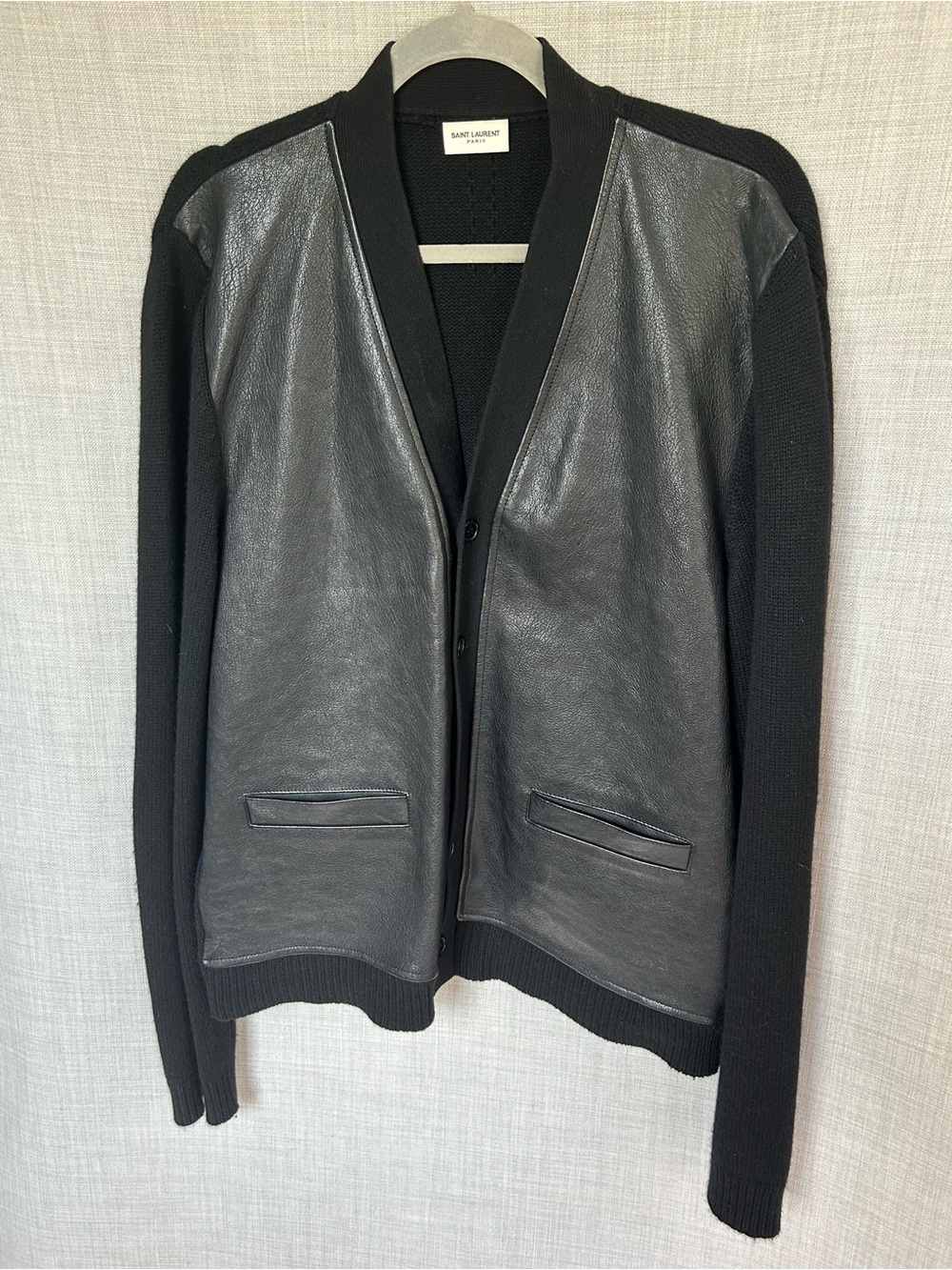 Saint Laurent YSL Men’s Black Lamb Leather-Front Knit Cardigan Jacket Sweater